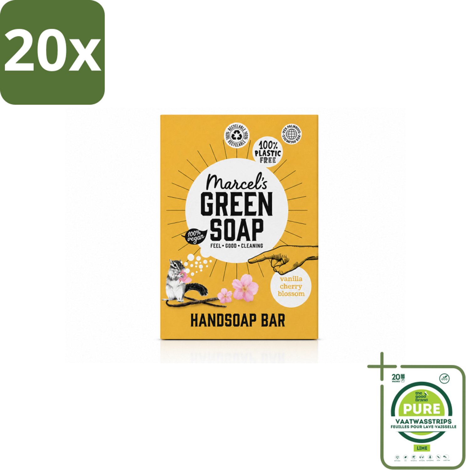 20 x Marcel's Green Soap - Handzeep Bar - Vanille & Cherry Blossom - Krachtige werking - 90 gr - Grootverpakking - Vaatwasstrips - Handzeep Bar - Plasticvrije Handzeep - Vegan Handzeep - Natuurlijke Handzeep - Duurzame Handzeep