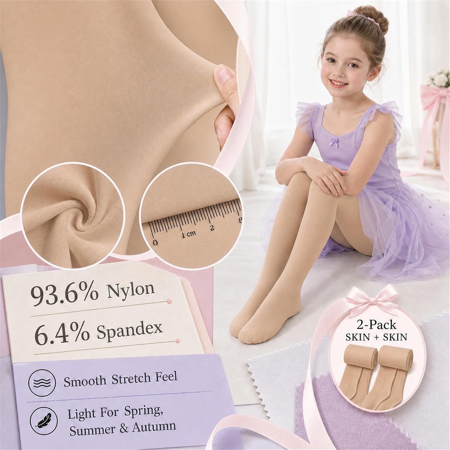 Panty's voor meisjes 90 DEN balletpanty, set van 2, kinder Panty's, elastisch, ademend, ondoorzichtig, danspanty, effen, voor kinderen van 3-12 jaar