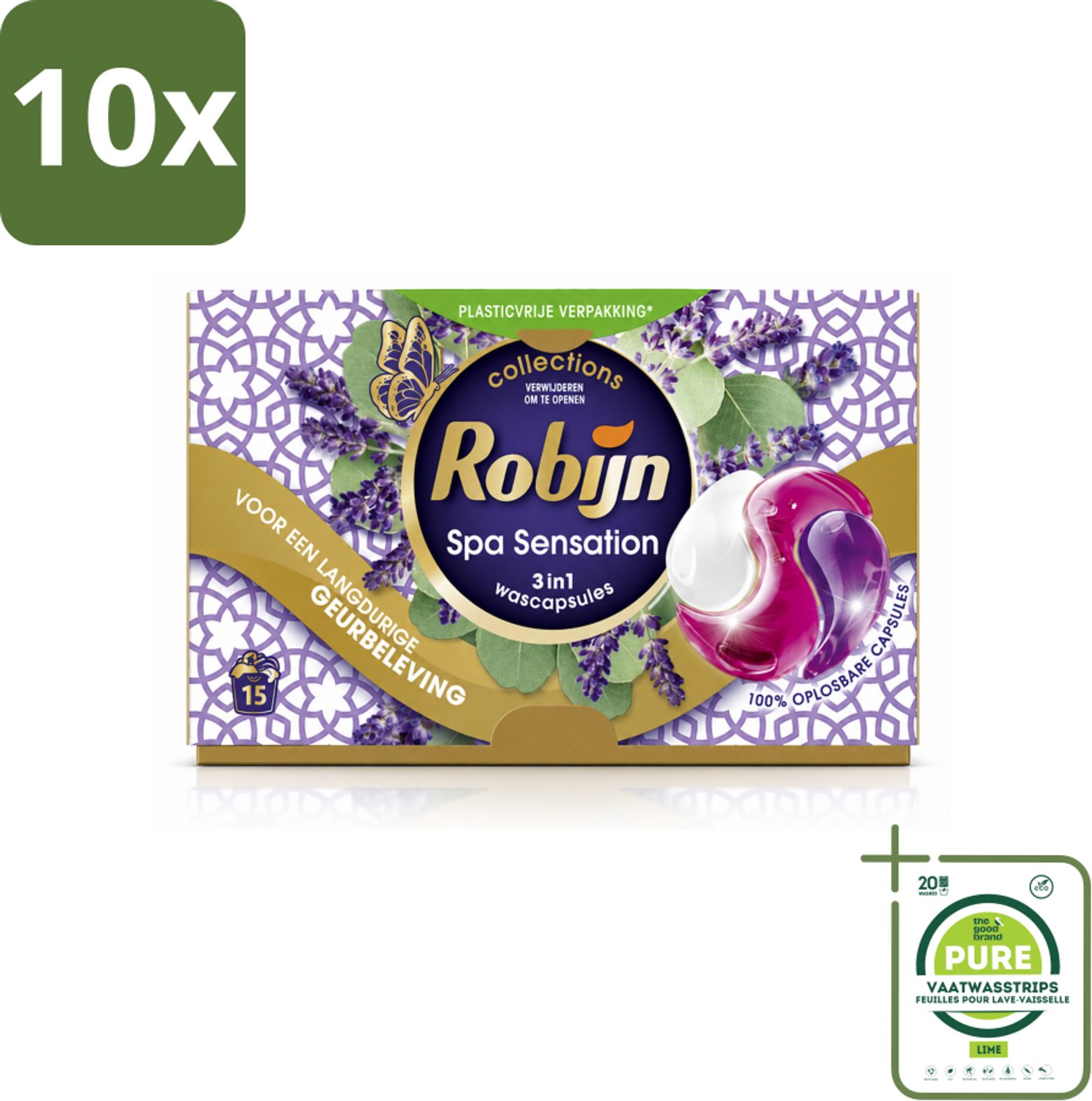 10 x Robijn - 3-in-1 Spa Sensation - Wascapsules - 15 Wasbeurten - Grootverpakking - Vaatwasstrips - Wascapsules - Wasmiddel - Geur - Kleurbehoud - Wasverzachter