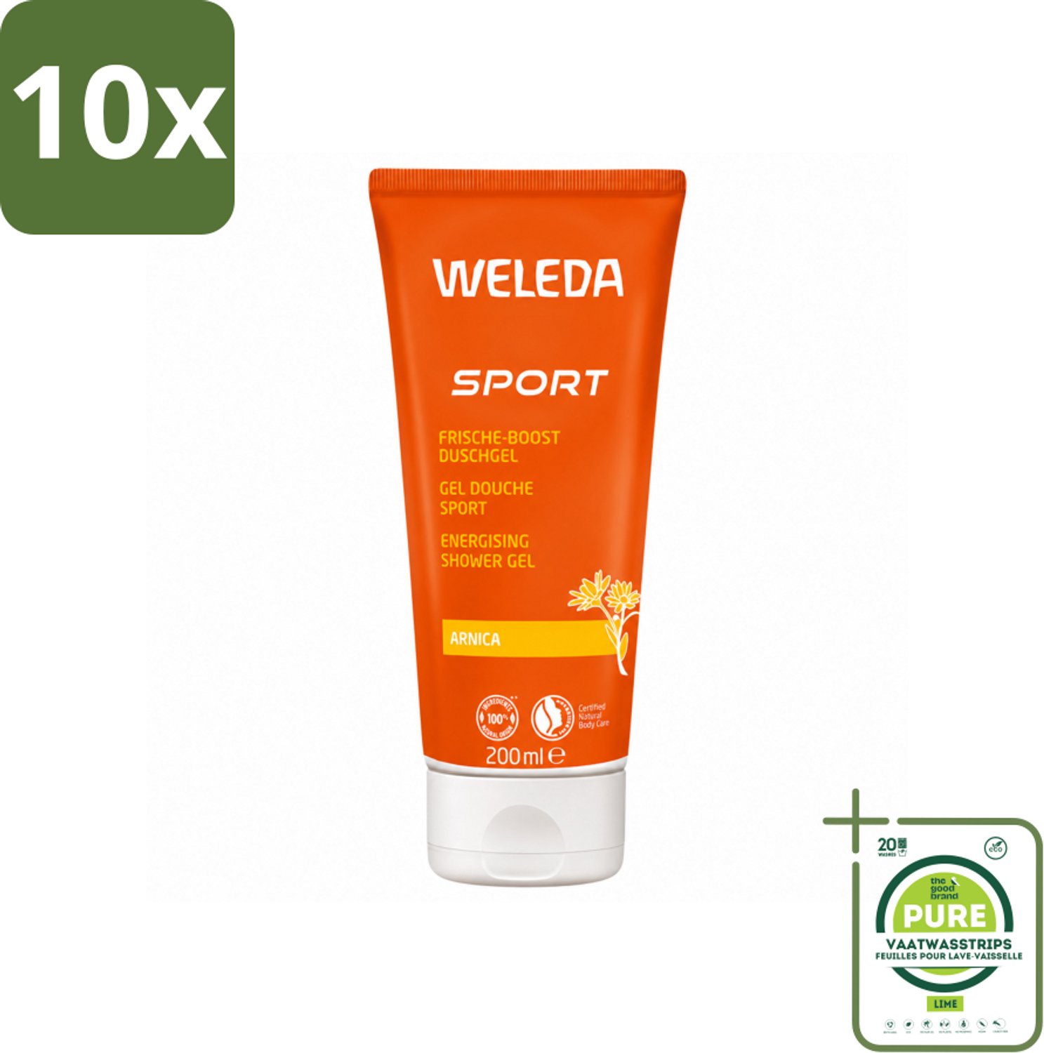 10 x WELEDA - Douchegel Sport - Arnica - 200 ml - Grootverpakking - Vaatwasstrips - Sportdouchegel - Herstel - Arnica - Natuurlijke Douchegel - Spierherstel