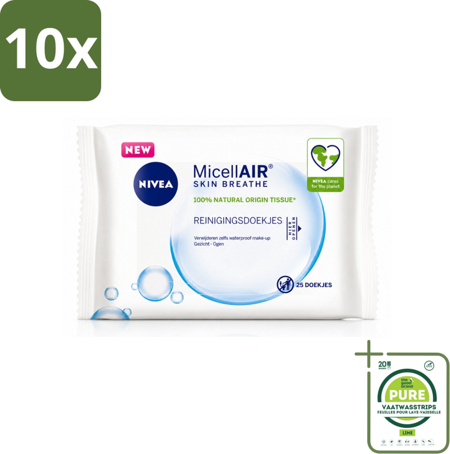 10 x NIVEA - Reinigingsdoekjes - 3-in-1 Micellaire Doekjes - Verwijdert Waterbestendige Make-up - 25 Doekjes - Grootverpakking - Vaatwasstrips - Reinigingsdoekjes - Huidverzorging - Make-up Verwijderen - Vitamine E - Micellair Technologie
