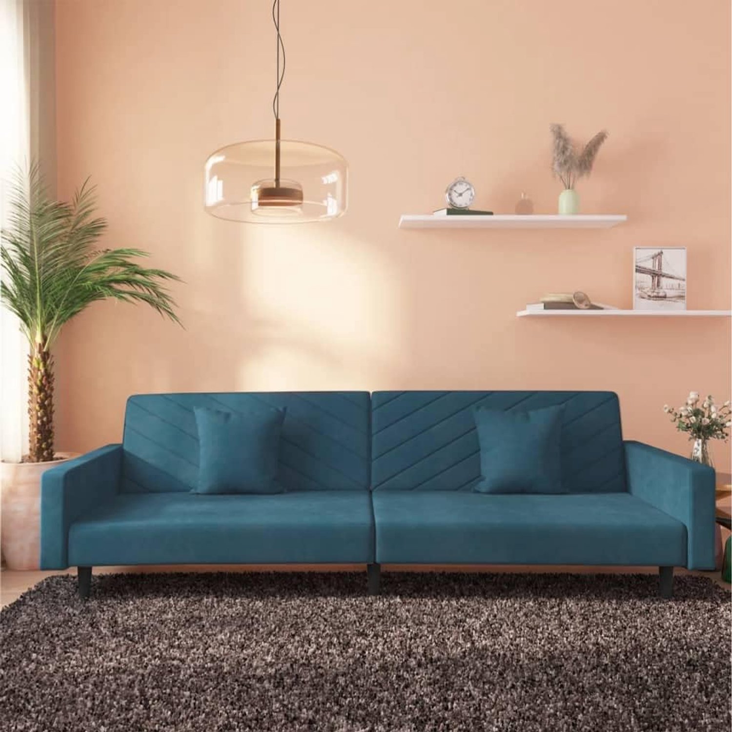 2-zits met 2 kussens, blauw fluweel, woonkamerbank, slaapmeubel met robuust houten frame en zachte overtrek voor zitgelegenheid en logeerbed