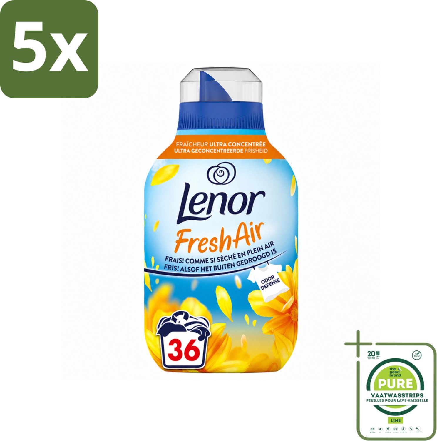 5 x Lenor - Wasverzachter - Fresh Air Zonnestralen - Ultra Geconcentreerd - 36 Wasbeurten - Grootverpakking - Vaatwasstrips - Wasverzachter - Buitenfrisheid - Zomerse Geur - Geurbescherming - Wasmachine