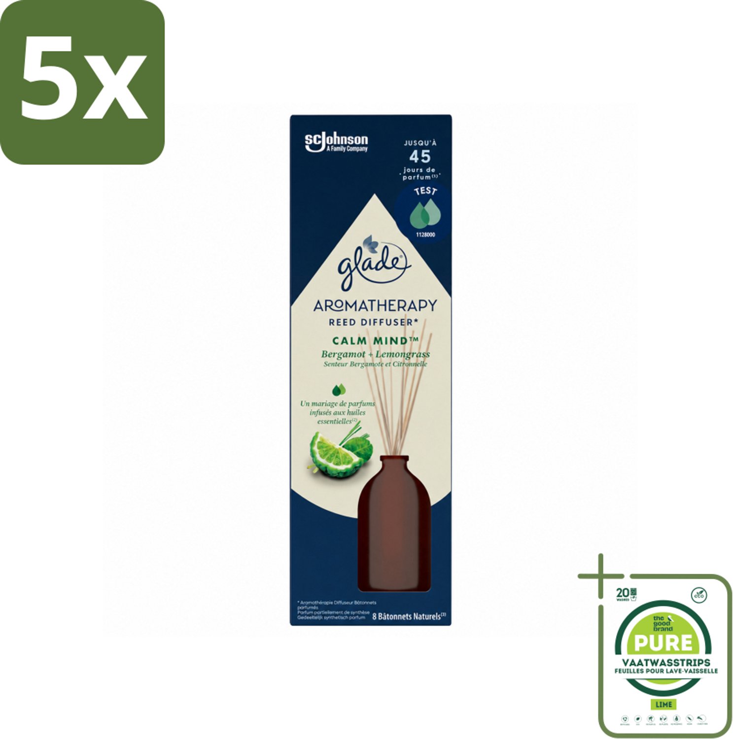 5 x Glade - Geurstokjes Calm Mind - Aromatherapie Geurverspreiding - 80 ml - Grootverpakking - Vaatwasstrips - Geurstokjes - Ontspanning - Geur - Aromatherapie - Rust