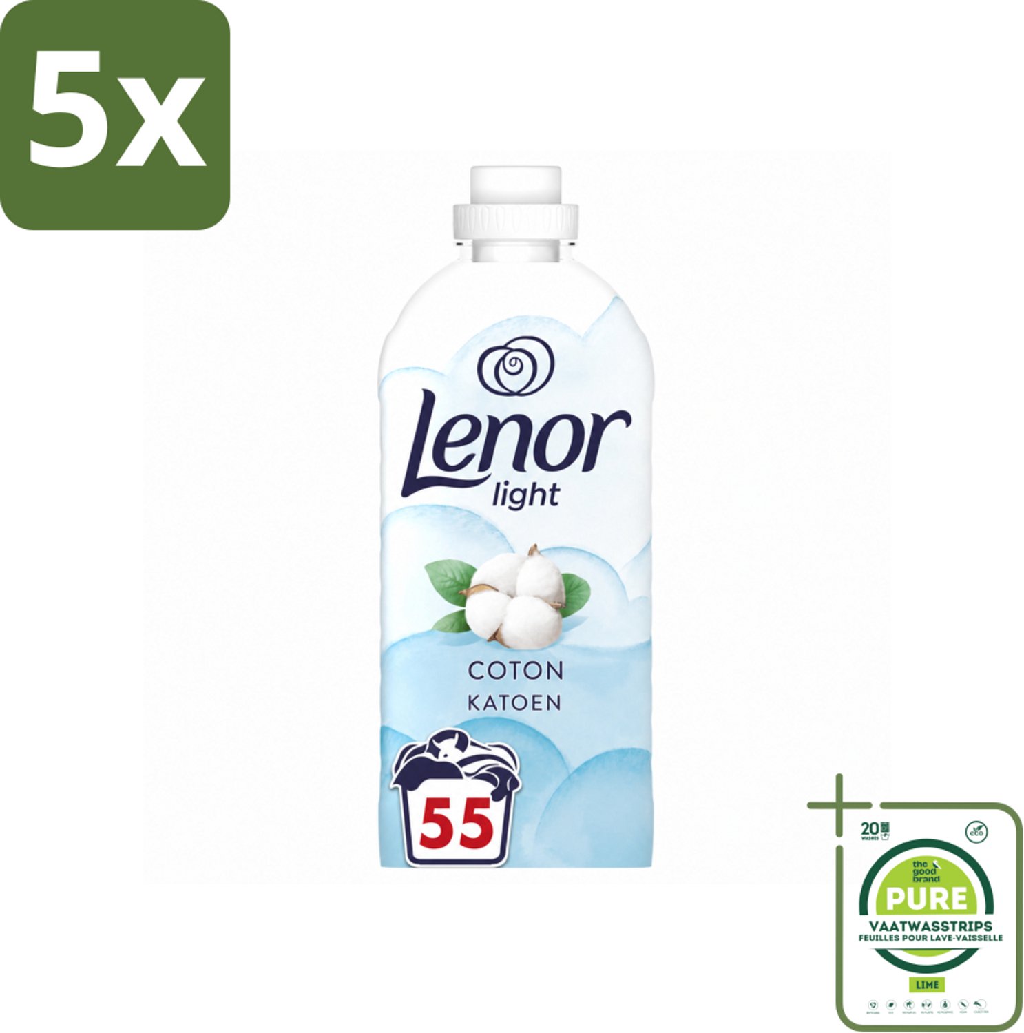 5 x Lenor Light - Wasverzachter - Katoen - Fris & Zacht - 55 Wasbeurten - Grootverpakking - Vaatwasstrips - Wasverzachter Katoen - Wasverzachter Fris - Wasverzachter Katoen Bloesem - Wasverzachter Milde Frisheid - Wasverzachter Zachte Was