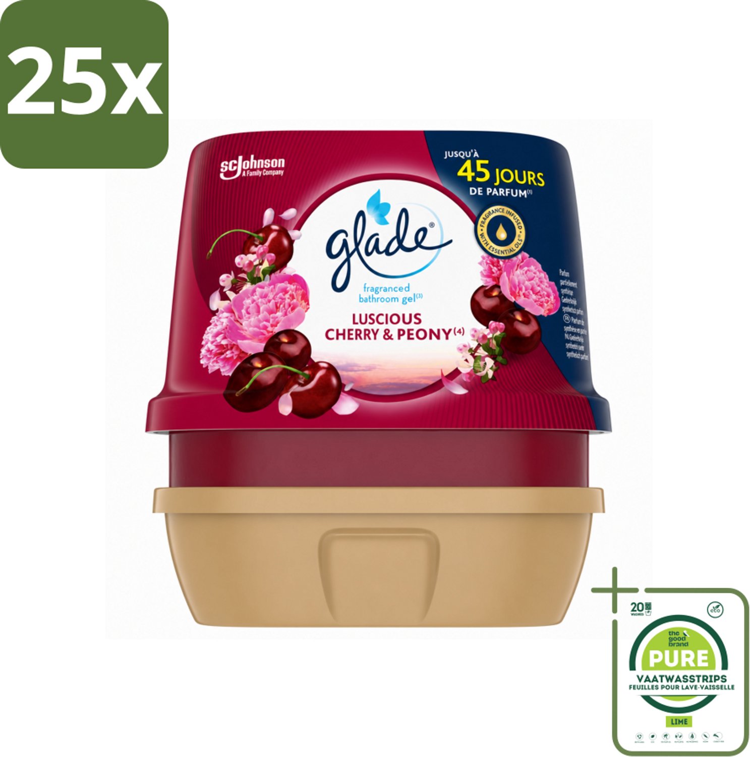 25 x Glade - Badkamer Gel - Luscious Kers & Pioenroos - 180 g - Grootverpakking - Vaatwasstrips - Geur Gel Badkamer - Bloemige Geur - Frisse Geur - Kersen En Pioenrozen - Geur In Huis
