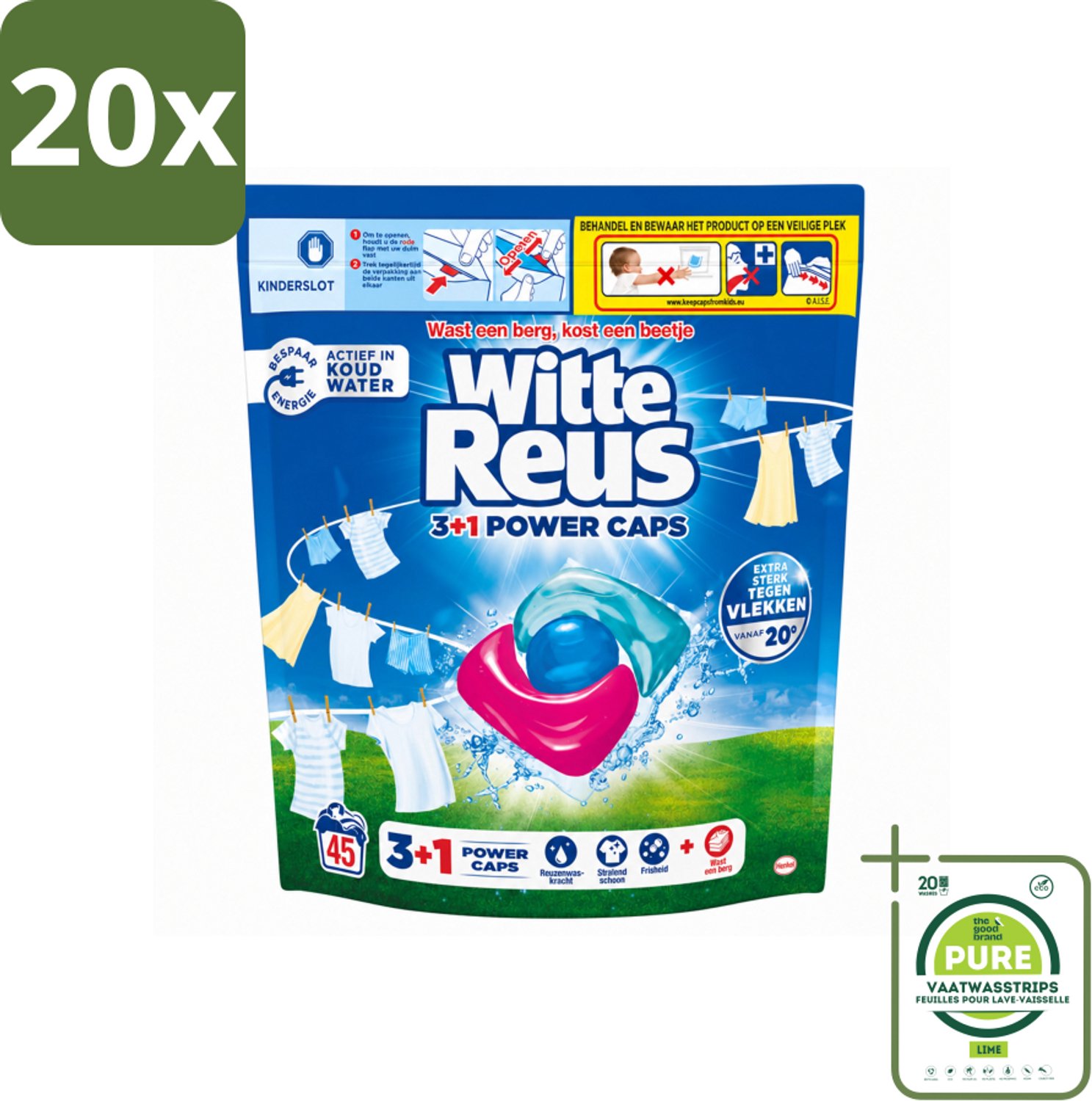 20 x Witte Reus - 3+1 Power Caps - Witte Was - 45 Wasbeurten - Grootverpakking - Vaatwasstrips - Witte Reus Power Caps - Waskracht - Witte Wasgoed - Lichtgekleurd Wasgoed - Vlekverwijdering