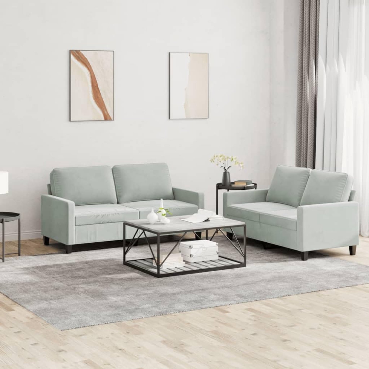 2-delige bankset met kussen, lichtgrijs fluweel, comfortabele zitgroep voor woonkamer, robuuste gestoffeerde meubels met zachte velours stof en stabiele constructie