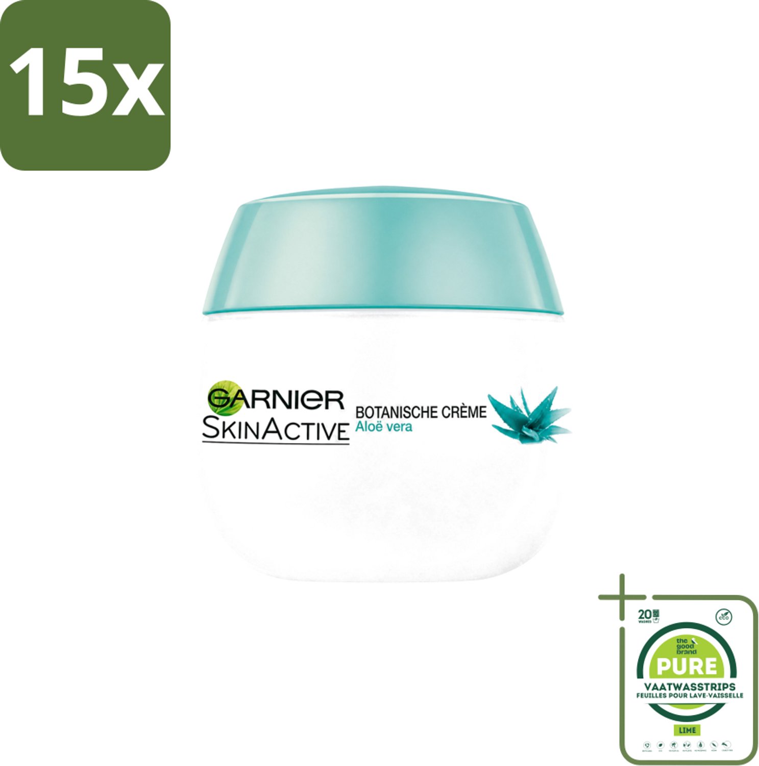 15 x Garnier - SkinActive - Botanische Dagcrème - Aloë Vera - Voor ieder Huidtype - 50 ml - Grootverpakking - Vaatwasstrips - Dagcrème - Huidverzorging - Aloë Vera - Natuurlijke Crème - Hydratatie