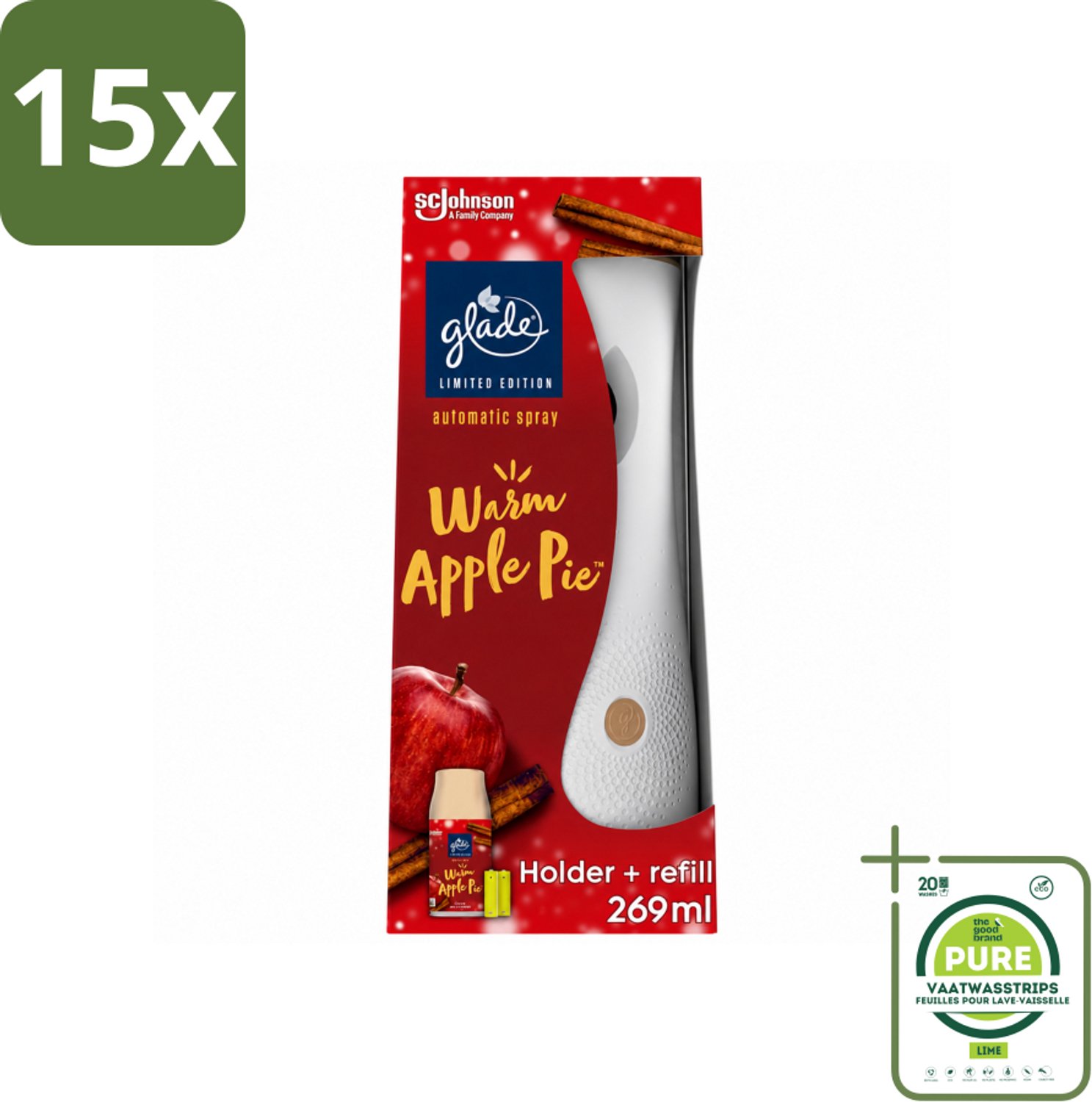 15 x Glade - Houder Automatische Spray - Warme Appeltaart Limited Edition - 269 ml - Grootverpakking - Vaatwasstrips - Warm Apple Pie Geur - Automatische Geur - Geur In Huis - Gezelligheid In Huis - Herfstgeur