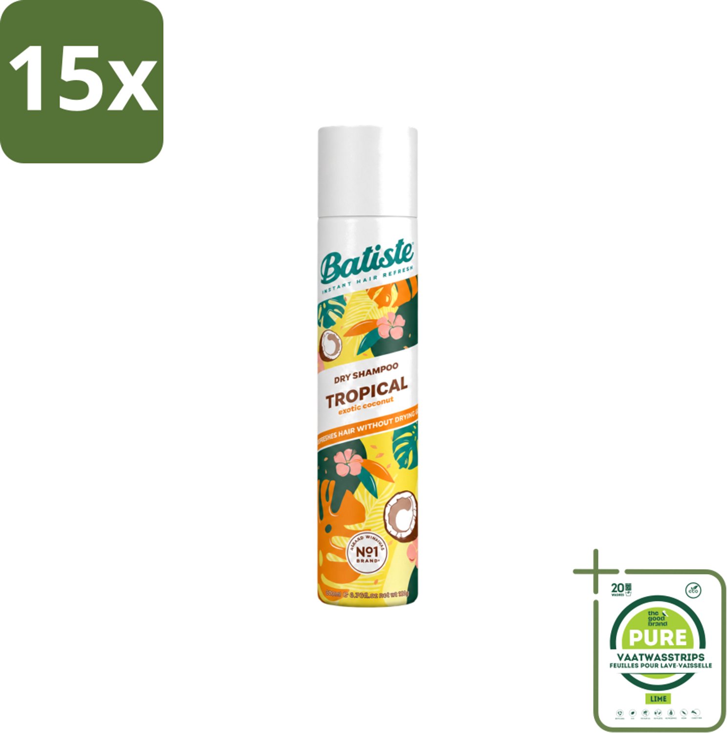 15 x Batiste - Tropical - Droogshampoo - Tropische Geur - Verfrist en Stylet - 200ml - Grootverpakking - Vaatwasstrips - Droogshampoo - Fris Haar - Tropische Geur - Haarkleur - Haartype