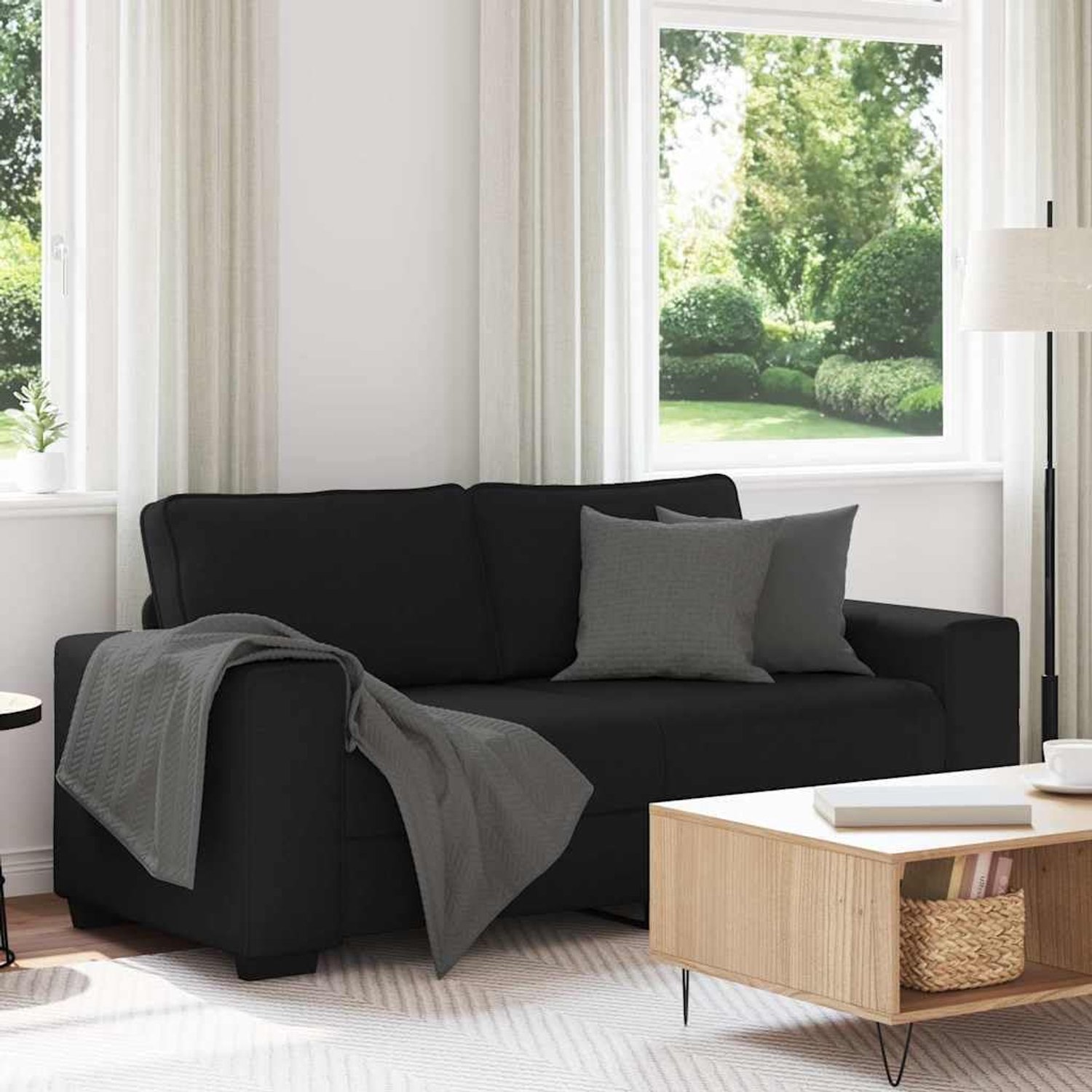 2-zitsbank, zwart, 140 cm, stof, gestoffeerde bank met brede armleuningen en robuust houten metalen frame, zacht ademend polyesterweefsel voor comfort, geschikt