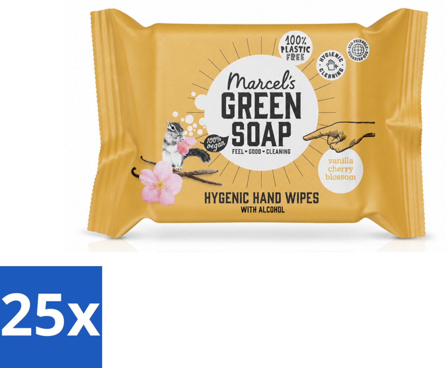 25 x Marcel's Green Soap - Hand doekjes - Vanille & Cherry Blossom - Mild & handig - 15 Doekjes - Voordeelverpakking - 25 stuks