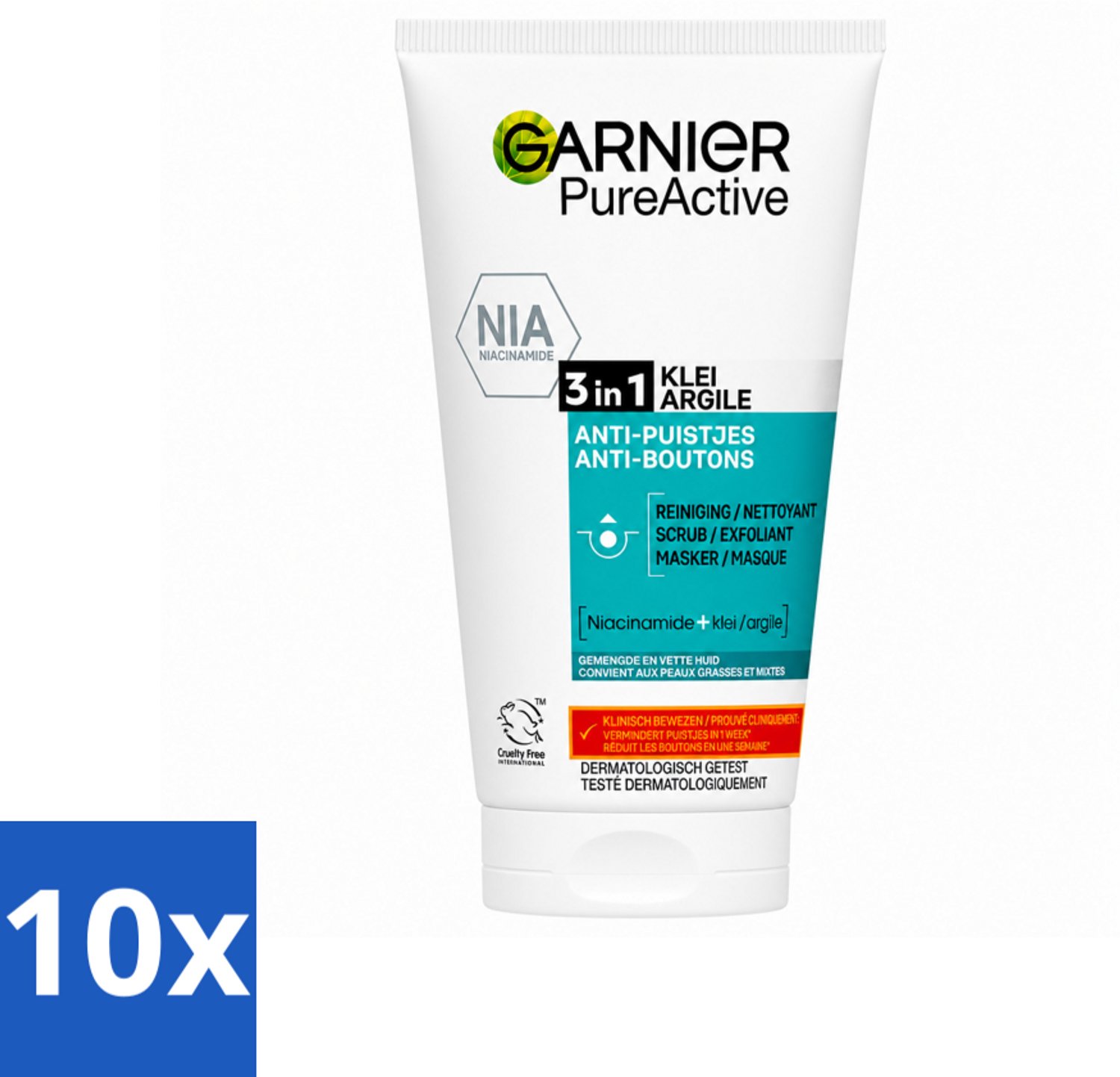 10 x Garnier - Pure Active - 3-in-1 Reiniging Scrub Masker - Tegen Puistjes & Onzuiverheden - Klei & Niacinamide - 150 ml - Voordeelverpakking - 10 stuks