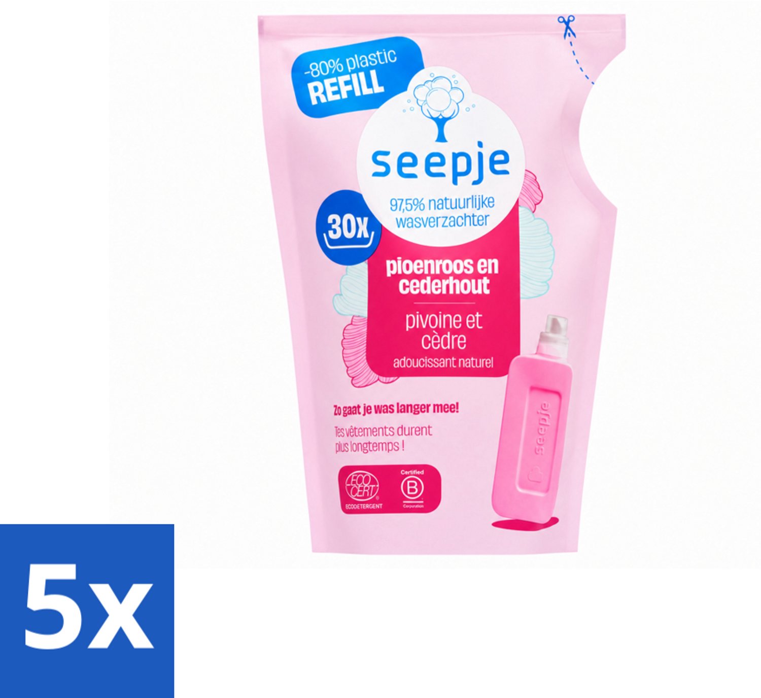5 x Seepje - Wasverzachter - Duurzaam & Frisse Geur - Navulling - Pioenroos en Cederhout - 30 Wasbeurten - 750 ml - Voordeelverpakking - 5 stuks