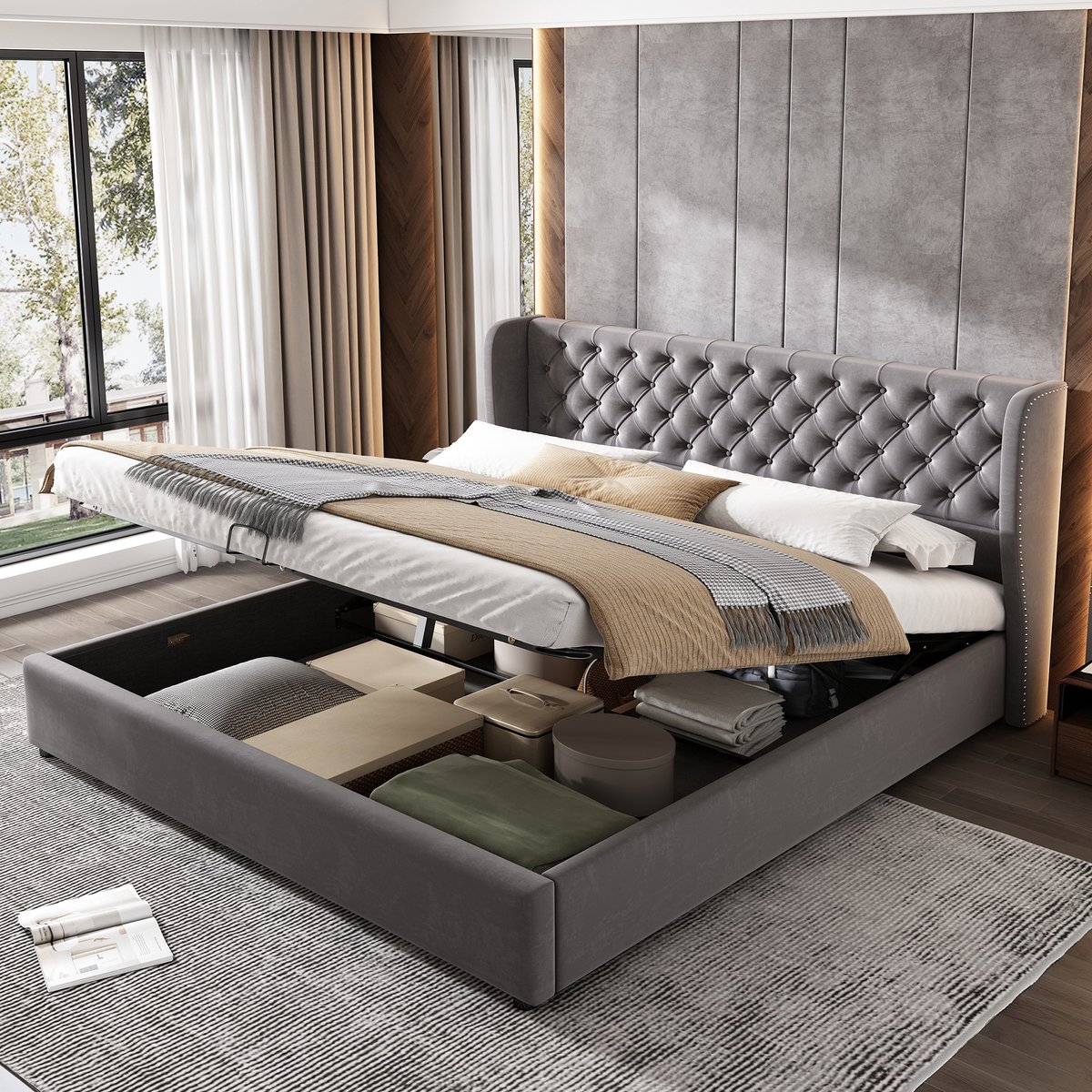 WUVRIE Gestoffeerd opbergbed 160x200 cm met hydraulische opening en lattenbodem, grijs fluweel