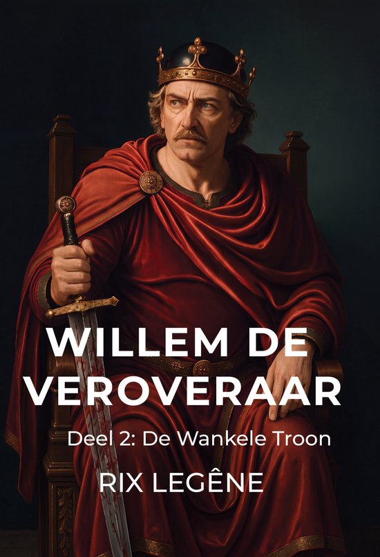 Illustratie van een koning op een troon met rode mantel, kroon en bebloed zwaard. Titel: Willem de Veroveraar.
