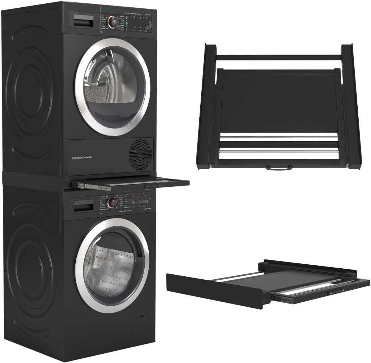 Wasmachine Droger met plateau en droogrek – Stapelkit voor Wasmachine en Droger – Universeel Tussenkader, Geschikt voor elk merk – Kleur: Zwart, Duurzaam en Ruimtebesparend