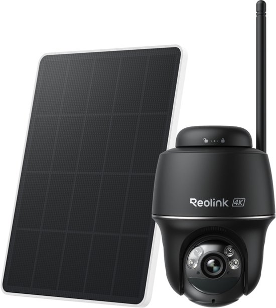 Zwarte Reolink 4K beveiligingscamera met zonnepaneel. Met PTZ-functie en kleurennachtzicht.