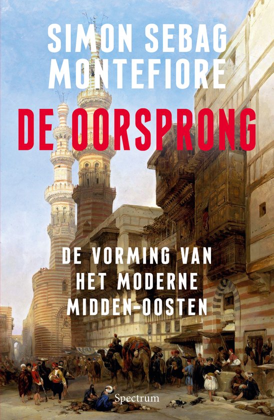 Boekcover van "DE OORSPRONG" met een schilderij van een drukke marktdag in een oosterse stad, met minaretten, kamelen en veel mensen.