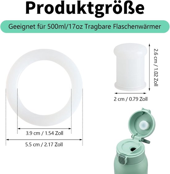 Flessenwarmers accessoireset, siliconen lekbescherming, stop en afdichtringen, compatibel met Momcozy 500 ml, draagbare babyflessenwarmer, BPA-vrij — afbeelding 2