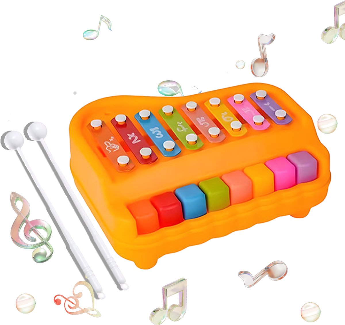 2-in-1 Xylofoon Piano Muziekspeelgoed – Hamerspel + Toetsenbord, Batterijvrij Speelgoed met Cijfers & Kleuren voor Auditieve Vaardigheden en Motorische ontwikkeling (Baby 12+ Maanden) Oranje