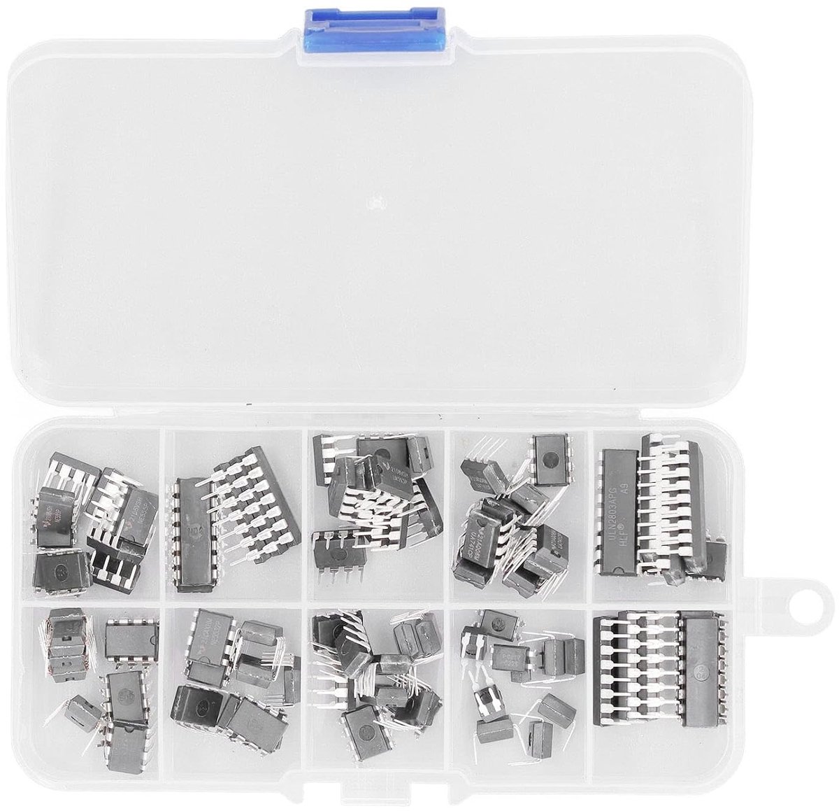 10 Geïntegreerde Circuit IC-chips NE555 LM324 LM393 UA741 ULN2803 LM358 LM386 NE5532 ULN2003 PC817 IC-chip voor Thuiscircuitwerk, 85-delige IC-assortimentset,