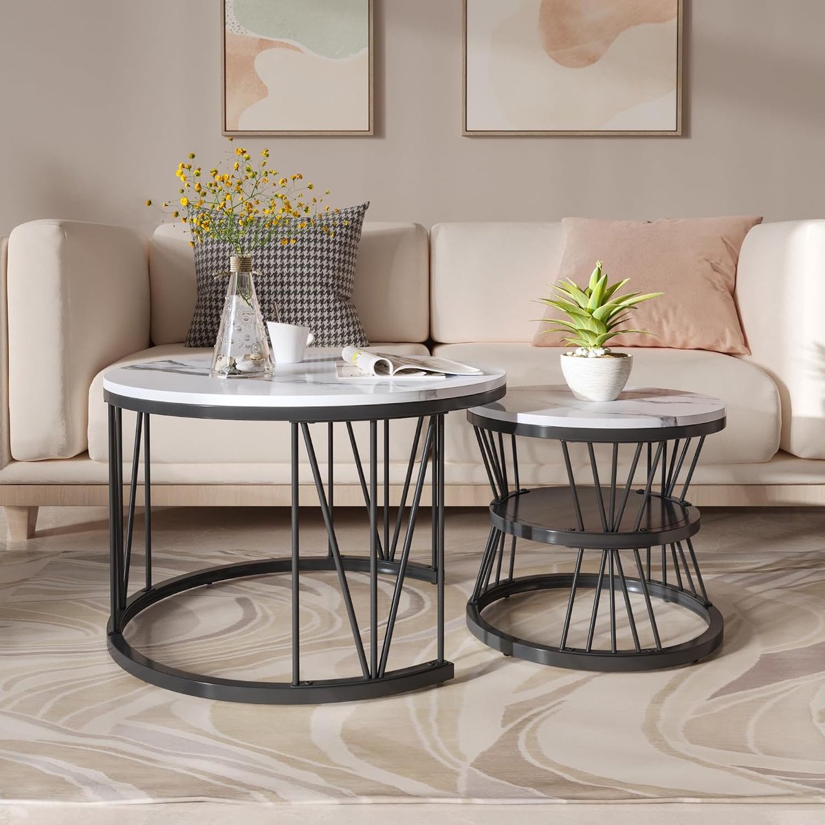 Set van 2 moderne ronde salontafels, met glanzend marmer, voor woonkamer, ontvangstzaal, balkon en kantoor, metalen frame, unieke vorm, zwart en wit
