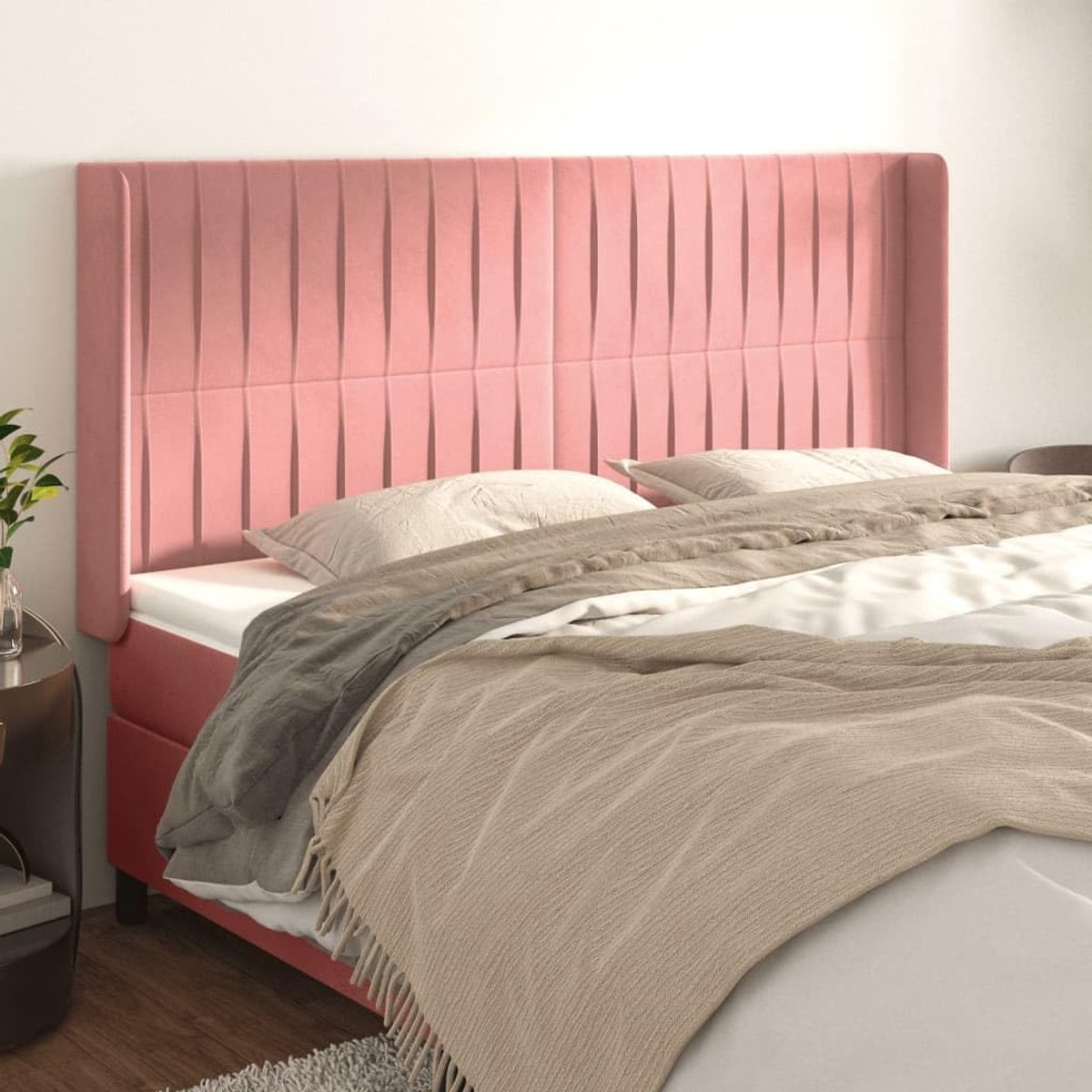 Hoofdbord met oren, roze, 163 x 16 x 118/128 cm, fluweel, voor de slaapkamer, hotel, hoofdeinde, werkkamer, voor slaapkamer, tweede slaapkamer, hotel
