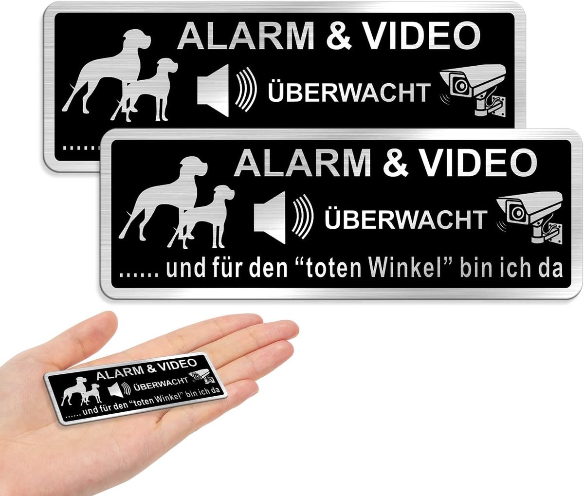 Alarmbeveiligd en videobewaking klein met voorzichtigheid hond bord zelfklevend 8,5 x 3 cm, geborsteld aluminium zwart x 2 stuks