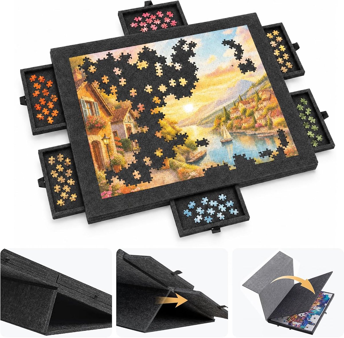 Puzzelplank met 6 laden, kantelbare puzzelplank met 2-in-1 standaard en afdekking, opvouwbare puzzeltafel voor volwassenen, draagbare puzzelplank voor puzzels tot 1000