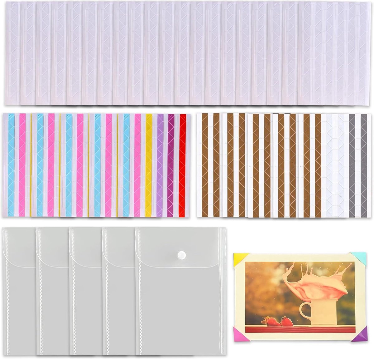 Set van 35 Onderdelen met Zelfklevende Fotohoekstickers, Heldere Zuurvrije Fotohoeken, Kleefhoeken voor Foto's met 3060 Stickers en 5 Documenthoezen voor Albums en Scrapbooking