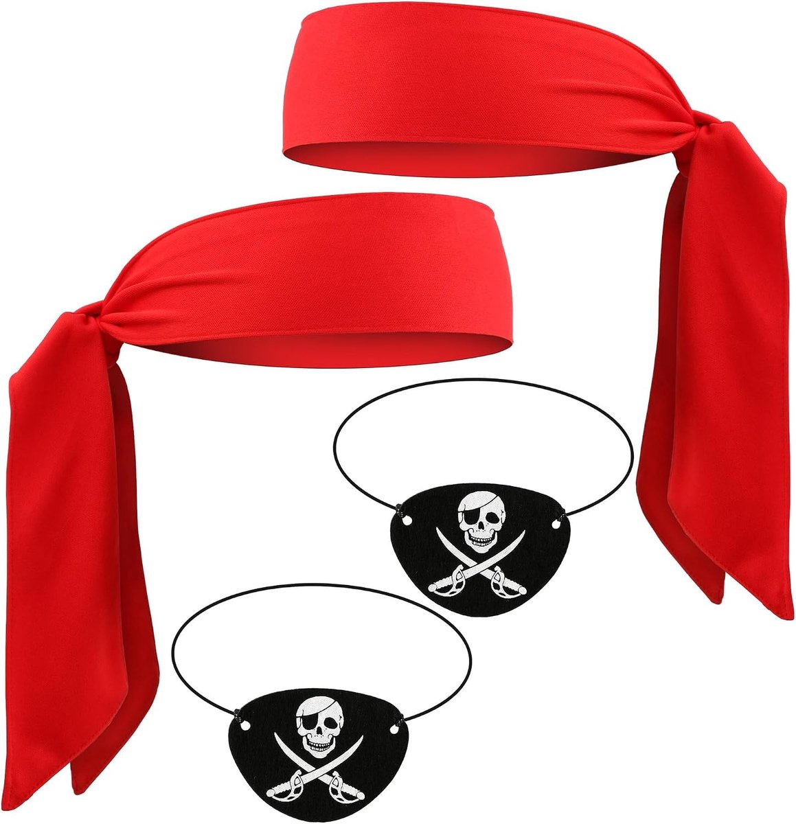 Piraten-accessoireset voor volwassenen en kinderen, 2 piratenbandana's, 2 oogkleppen, piratenkostuum, accessoires piratenkostuum heren dames voor carnaval, Halloween, kapitein piraat,