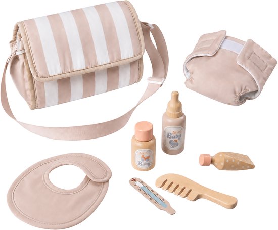 Poppen luiertas met strepen in beige en wit, inclusief luier, bib, thermometer, kam, flesjes en een crème tube.