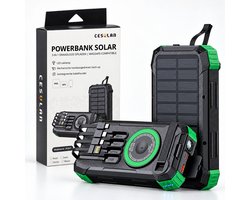 Cesulan Powerbank 30000 mAh - Solar Powerbank - Magsafe Powerbank - Powerbank Zonneenergie - Powerbank Iphone - Magnetische Powerbank - 22,5W Snellader - USB-C/USB-A/Lightning - LED Zaklamp met SOS - Handcrank - Noodpakket - Zwart groen