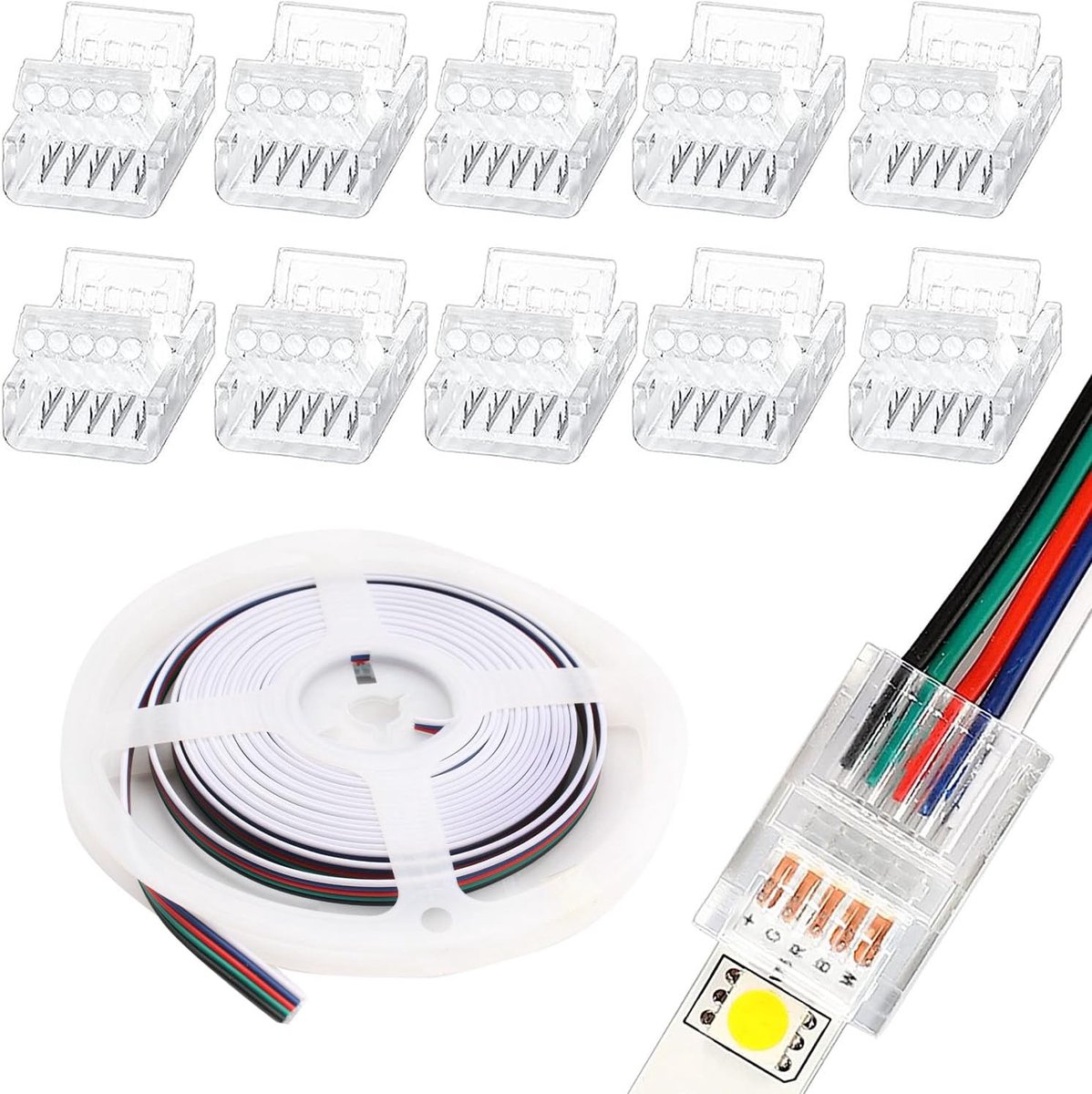 SnelShoppen - 5m LED Strip Extension Kabel met 10 Stuks 5-Pin 12mm RGBW Connectors - Perfect voor Tuin, Feest, Keuken en Camping