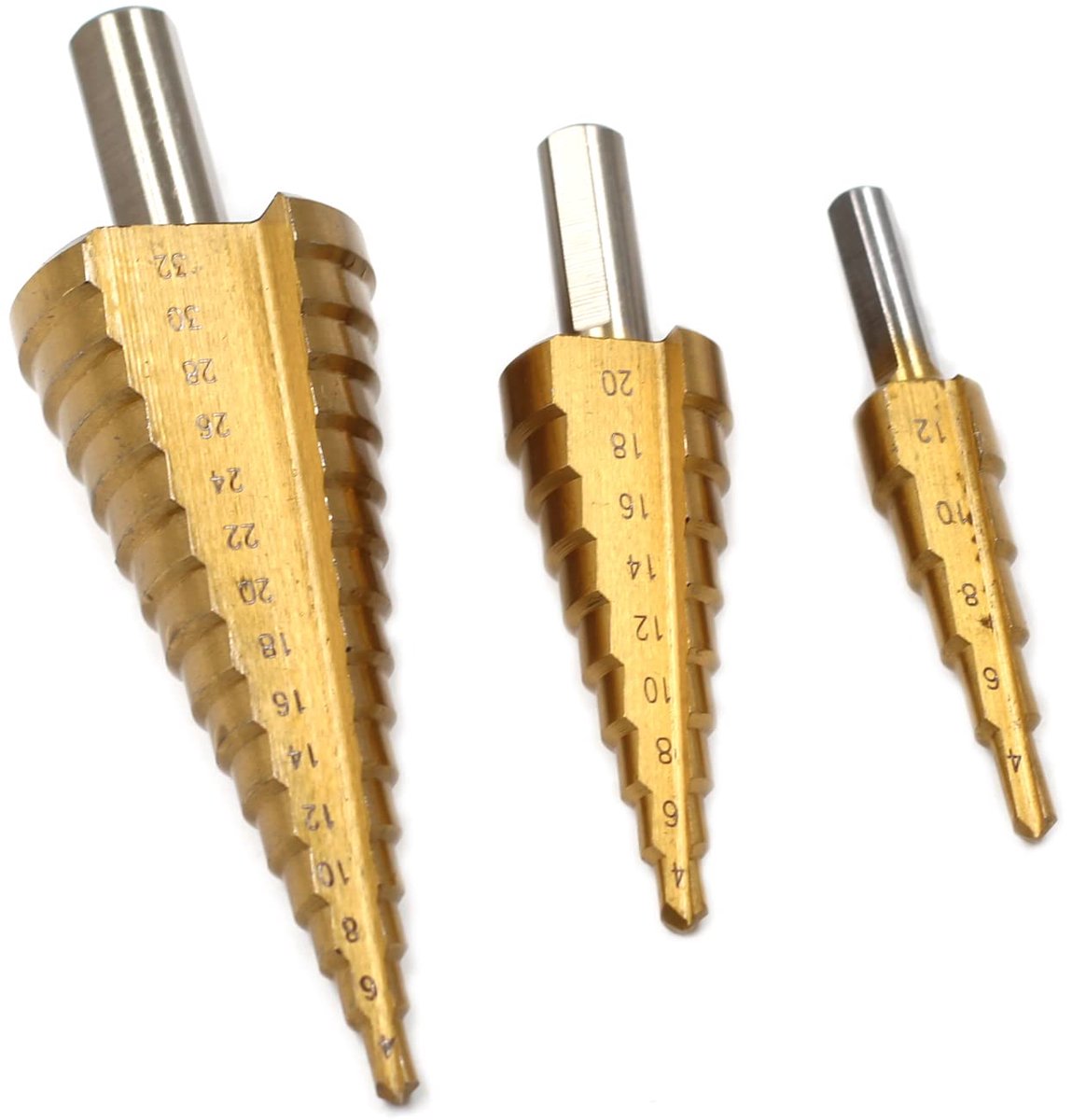 SnelShoppen - 3Pcs Grote HSS Stalen Trap Cone Boor Set Titanium Bits 4-12/20/32mm voor Hout, Staal, Aluminium & PVC