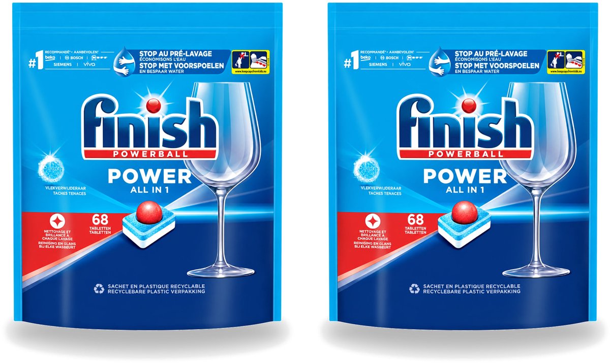 2 x Finish Powerball - Power All in 1 - Vaatwastabletten - Reiniging & Glans - 68 Tabletten - Voordeelverpakking - 2 stuks