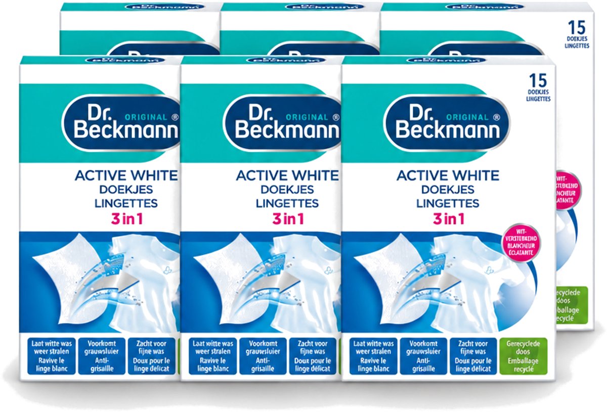 6 x Dr. Beckmann - Kleurverzorging - Active White - Witte Was - 15 Doekjes - Voordeelverpakking - 6 stuks