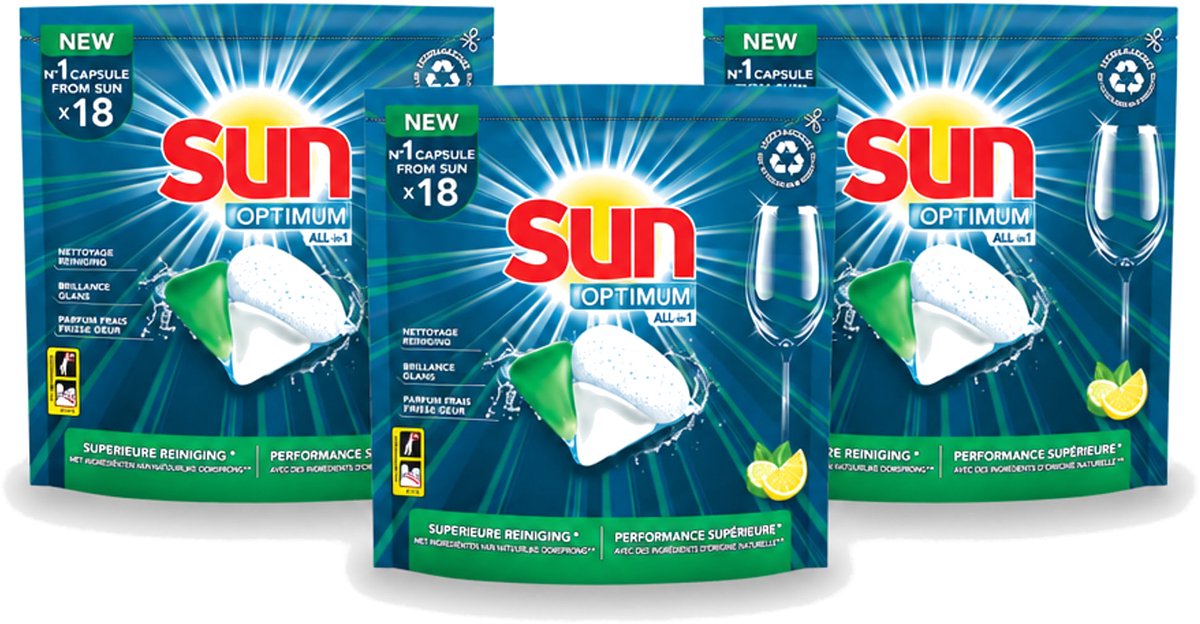 3 x Sun Optimum - All-in-1 - Vaatwasmiddel - Capsules - Citroen - 18 Capsules - Voordeelverpakking - 3 stuks