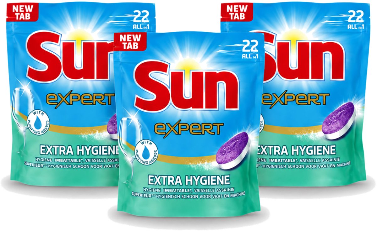 3 x Sun Expert - Extra Hygiëne - Vaatwastabletten - 22 Tabletten - Voordeelverpakking - 3 stuks