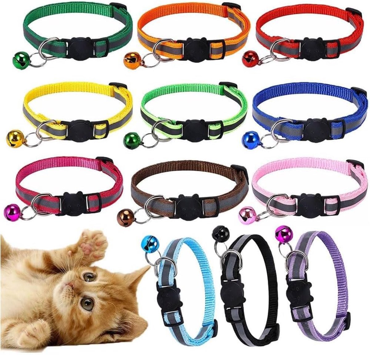 SnelShoppen - 10 Stuks Breekbare Kattenhalsband met Bel Reflecterende Kattenhalsband voor Katten, Puppies, Konijnen, Kittens, 10 Kleuren, Dierendag, S