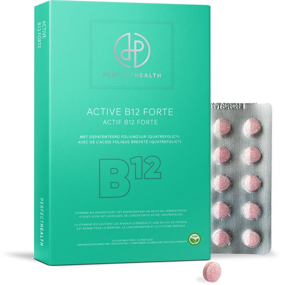 Doos en strip met 10 roze zuigtabletten, met 'ACTIVE B12 FORTE' en 'PERFECTHEALTH' op de doos.