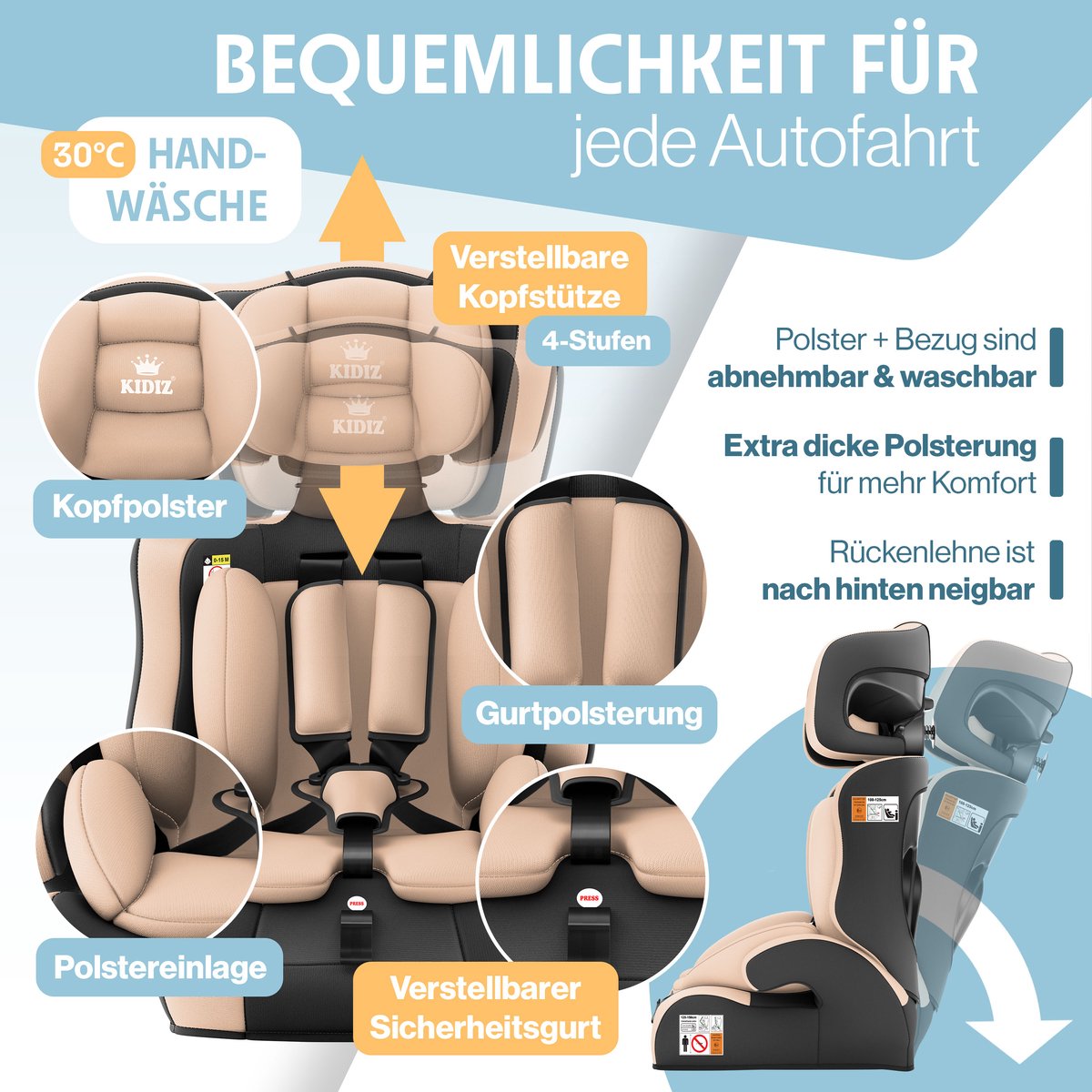 KIDIZ® Autostoeltje | Groep 1+2+3 | 9-36 kg 5-punts veiligheidsgordel, Autostoeltje, Kinderzitje, Verstelbare Hoofdsteun | Stoelverhoger 1-12 jaar, Stabiel en Veilig – foto 4