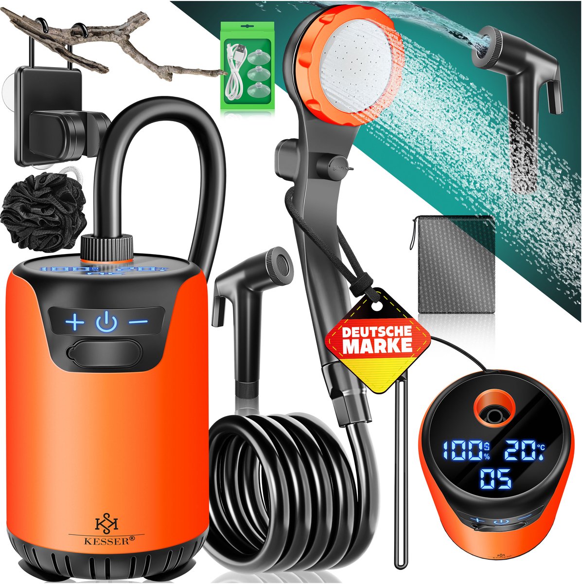 KESSER® Campingdouche X-Gear - mobiele douche met pomp en accu 8000mAh - zonder watertank - oranje/zwart