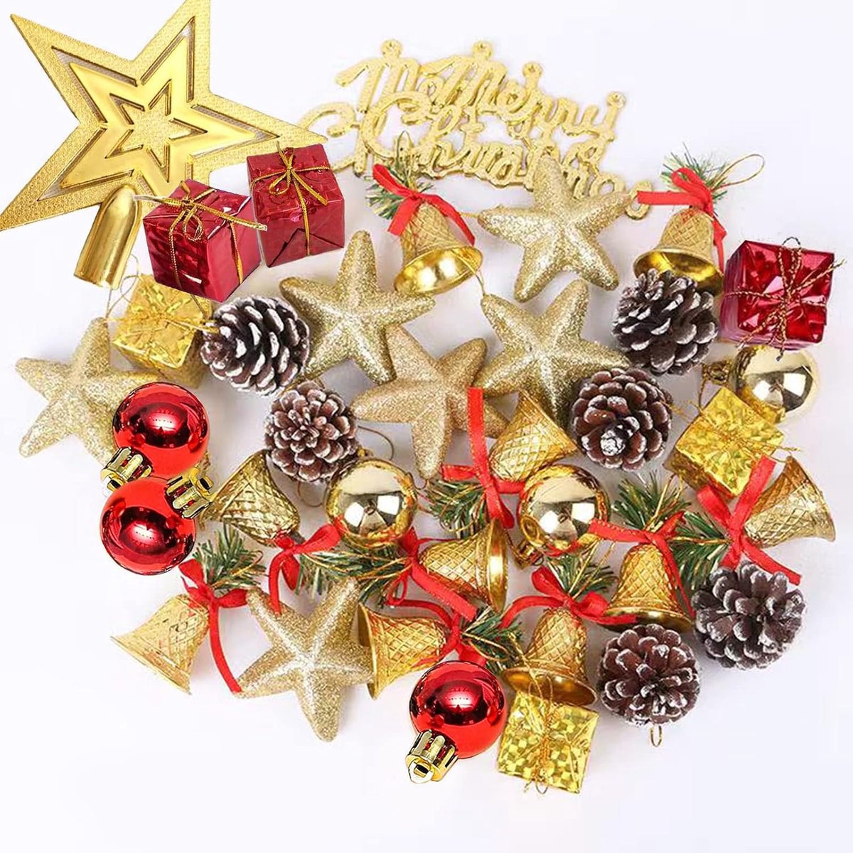 Kerstballen, 37 stuks met hanger, kerstboom decoraties rood goud kerstboom kerstballen Bell dennenappels ster kerstboom kerstboom kerstdecoratie