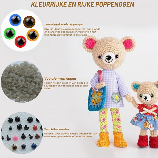 Ogen voor gehaakte dieren, veiligheidsogen 6–16 mm om te haken, kleurrijke ogen voor gehaakte dieren Voorzien van 2 pincetten voor pop, knuffel en marionet knutselen — afbeelding 3
