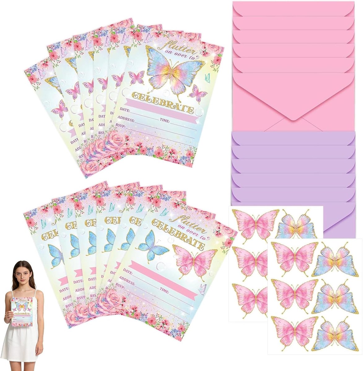 12 Kinderfeest Uitnodigingskaarten Vlinder Thema – Met Enveloppen en Stickers – Perfect voor Verjaardagsfeest van Meisjes – Mooie Vlinder Ontwerpen voor Kinderfeestjes