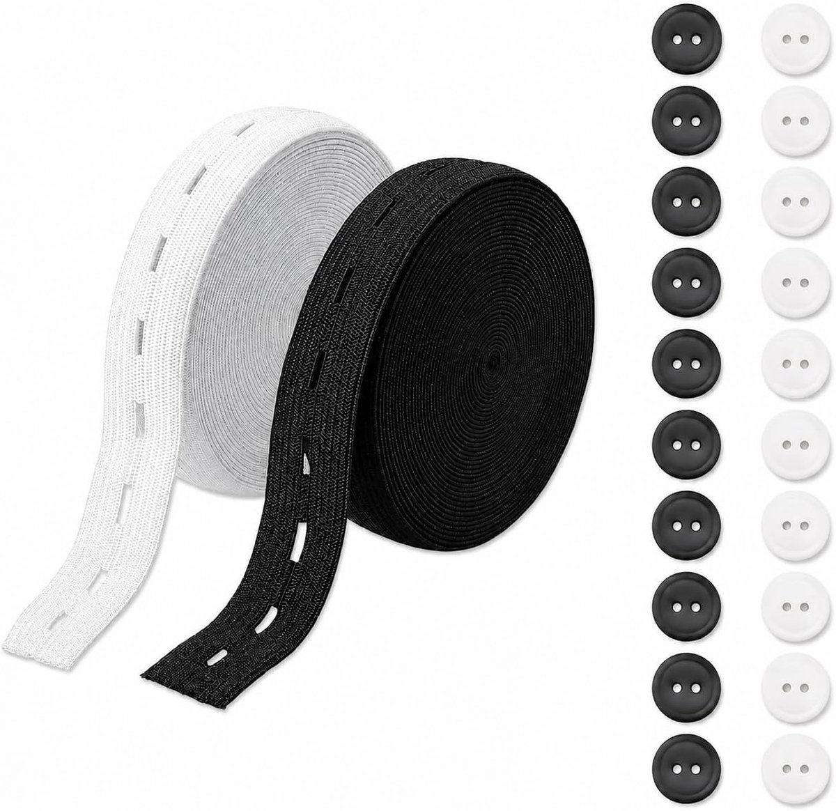 2 rollen 16 m elastiek met knoopsgat 15 mm, elastiek met knopen, zwart wit, elastische band voor broeken, rokken, tailleverstelling, naaiaccessoires met 40 knopen voor doe-het-zelf