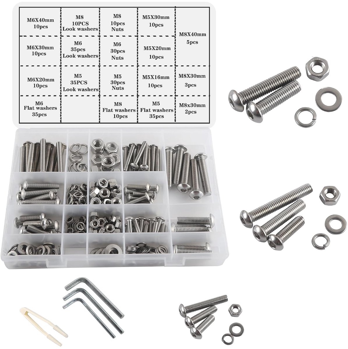 M5, M6, M8, binnenzeskantschroeven, sluitringen, set schroeven met moeren met binnenzeskant, 300 stuks, 304 roestvrij stalen knop, schroefdraadbouten, assortiment